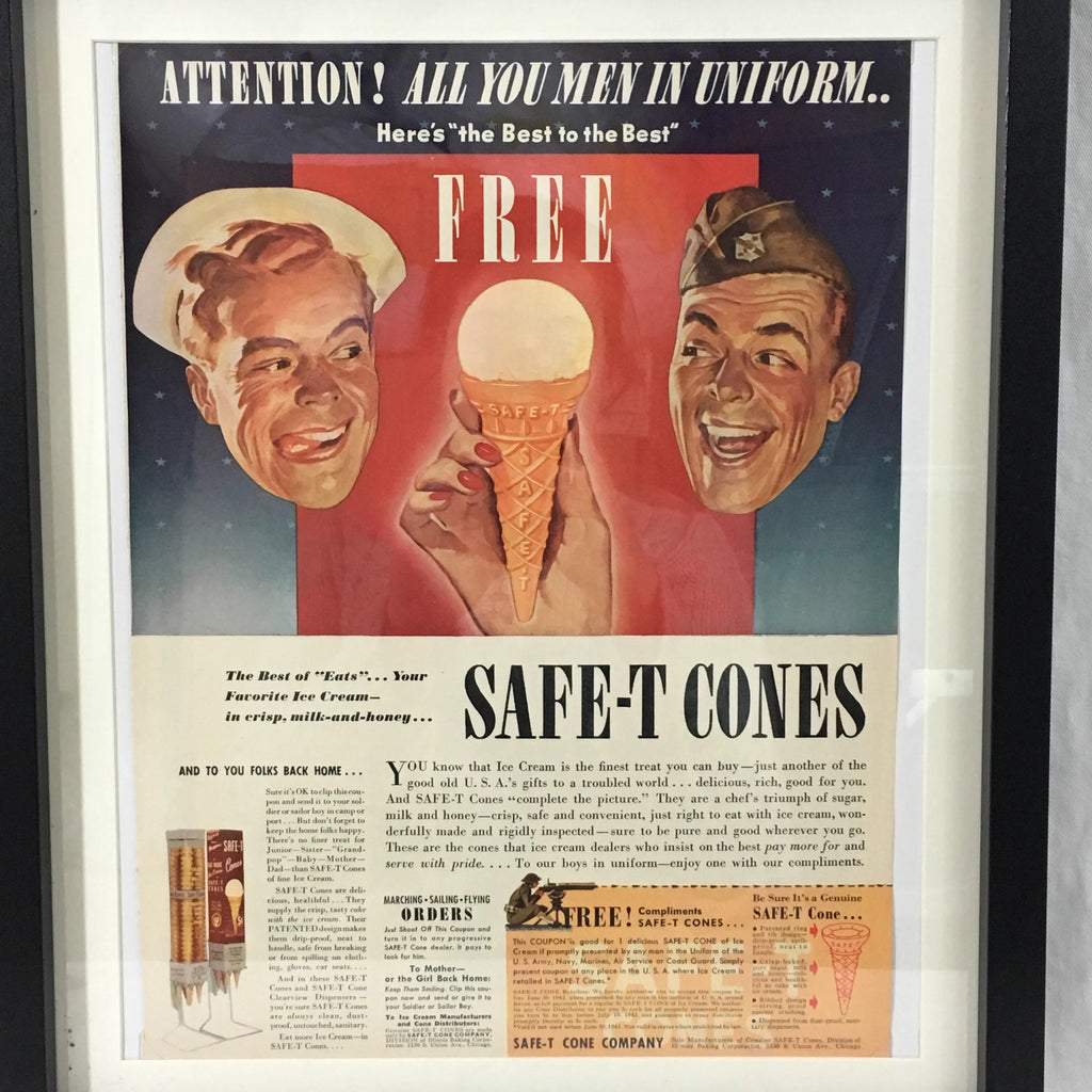 Framed Vintage Safe-T Ice Cream Cone Military Advertisement