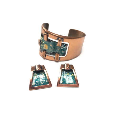 Vintage Matisse Copper Enamel Bracelet & Earring Set