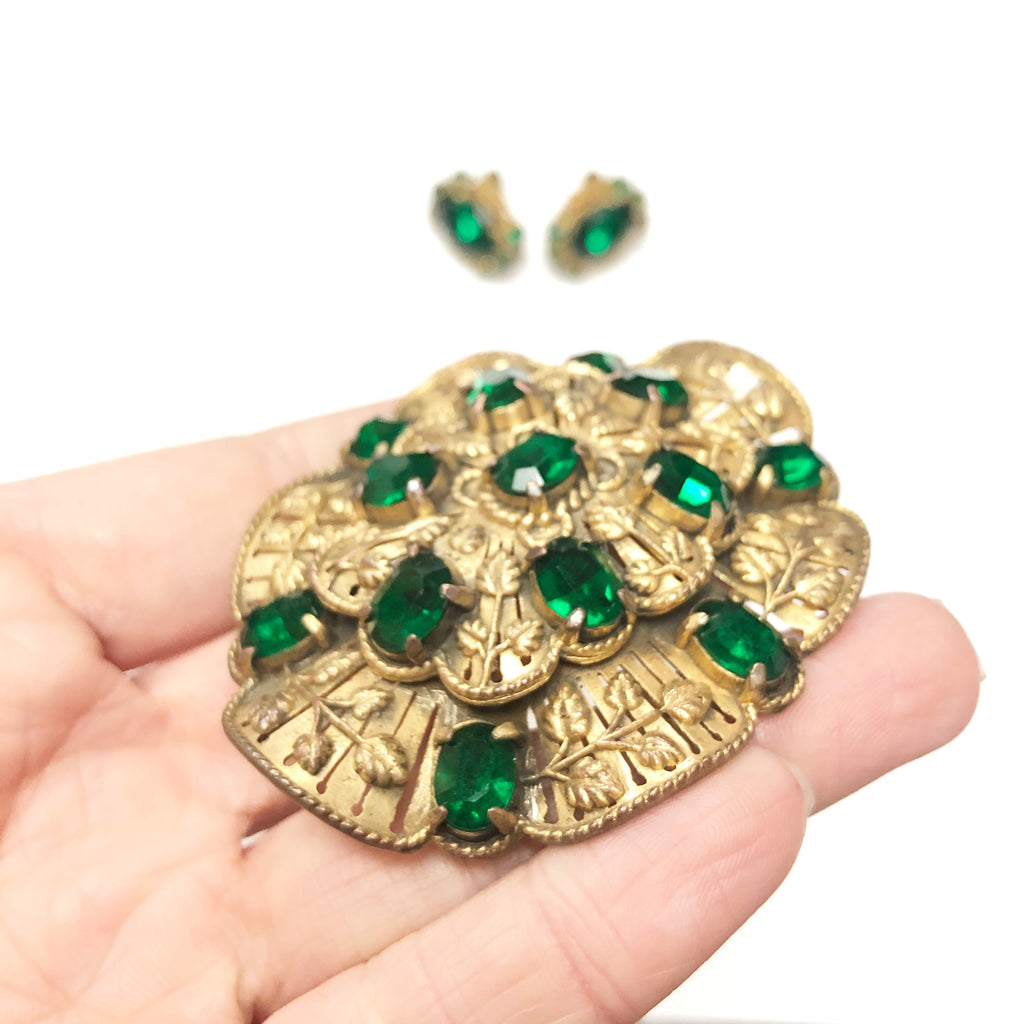 Vintage 1920’s 1930’s Czech Rhinestone Brooch & Earring Set