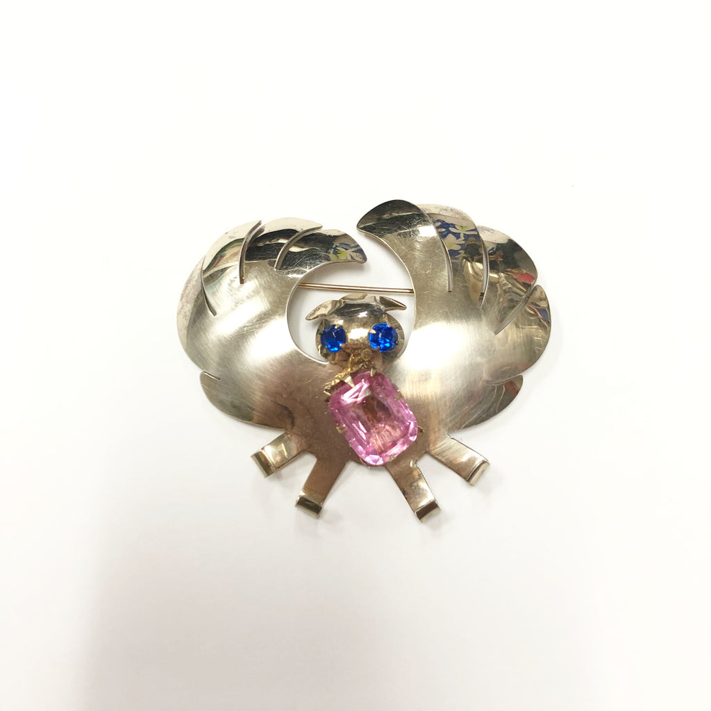 Vintage Sterling Silver Rhinestone Owl Brooch