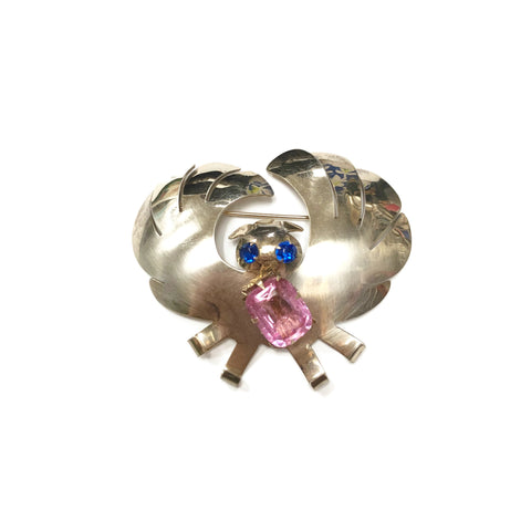 Vintage Sterling Silver Rhinestone Owl Brooch