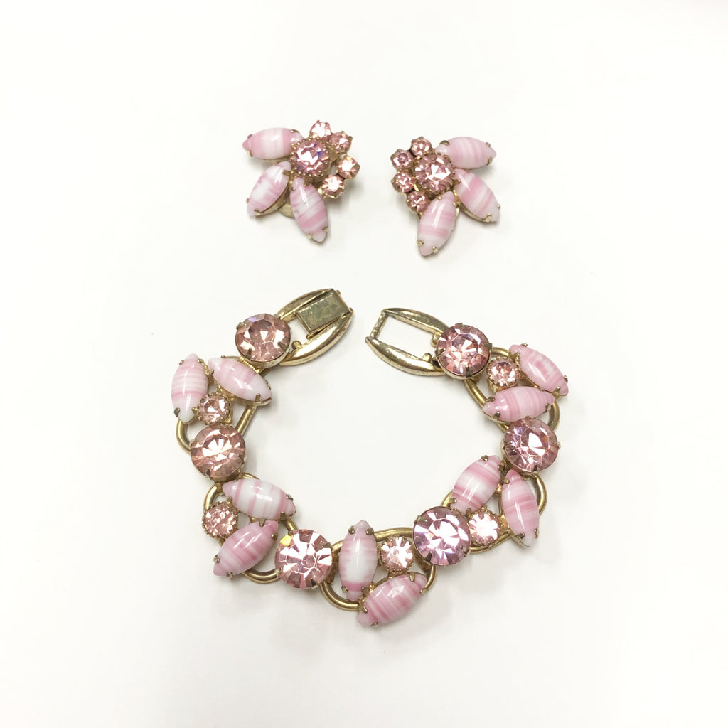 Vintage Juliana Pink Rhinestone & Marbled Glass Necklace & Earring Set