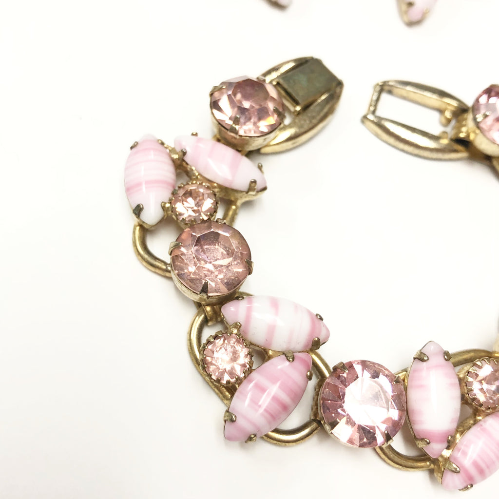 Vintage Juliana Pink Rhinestone & Marbled Glass Necklace & Earring Set