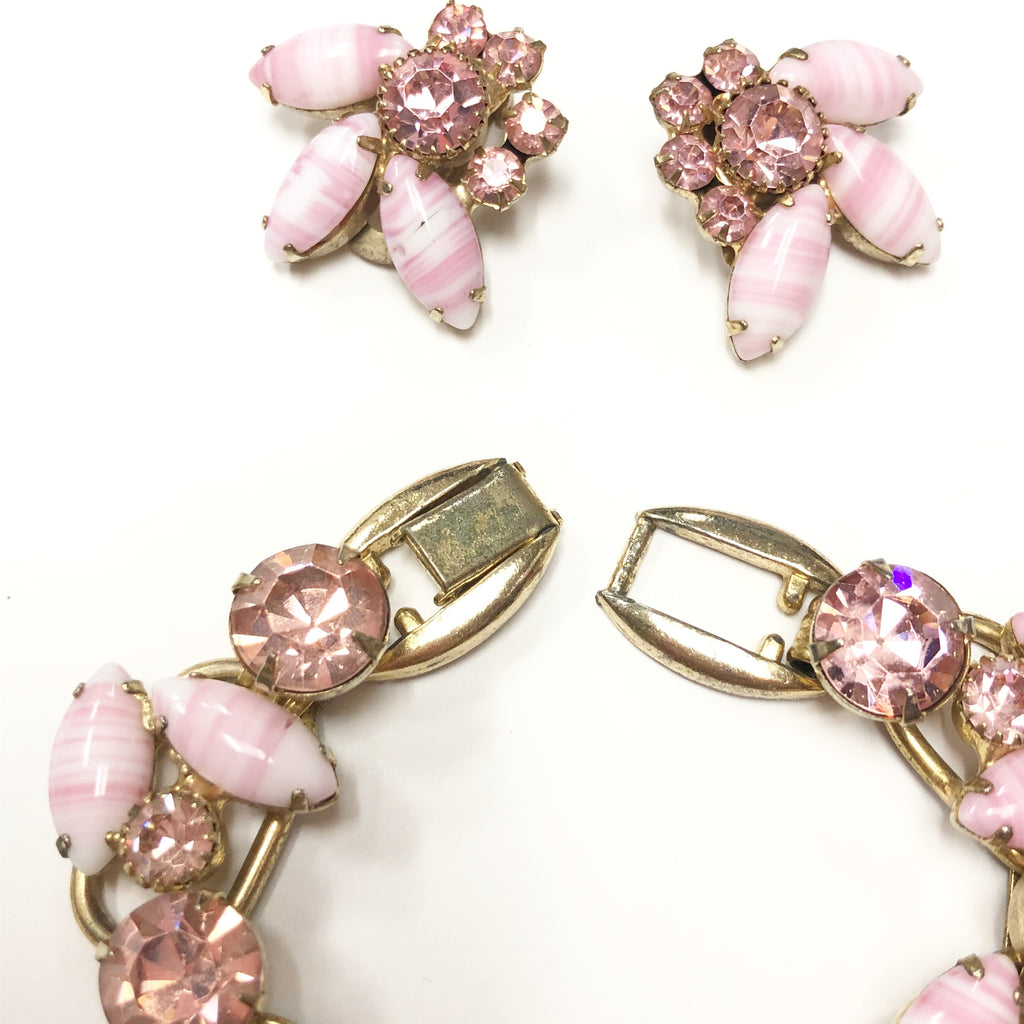 Vintage Juliana Pink Rhinestone & Marbled Glass Necklace & Earring Set