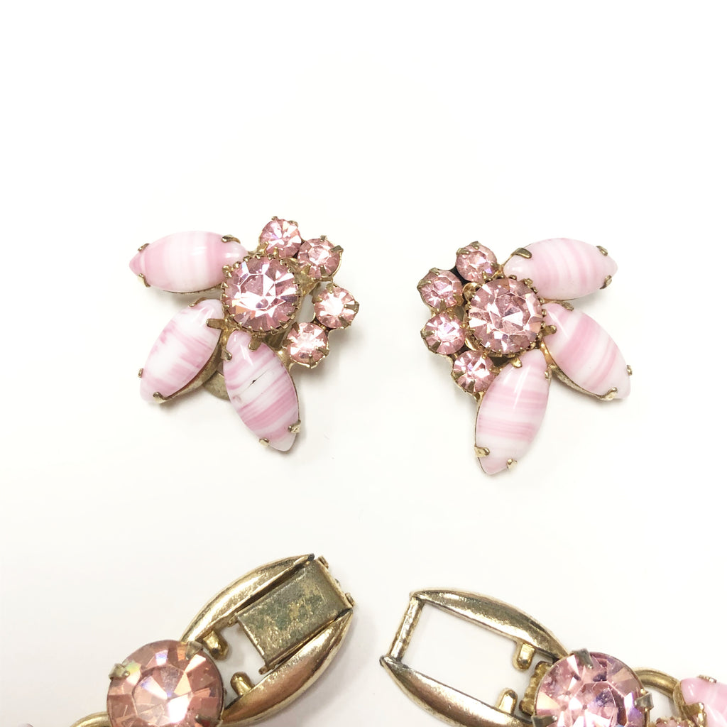 Vintage Juliana Pink Rhinestone & Marbled Glass Necklace & Earring Set