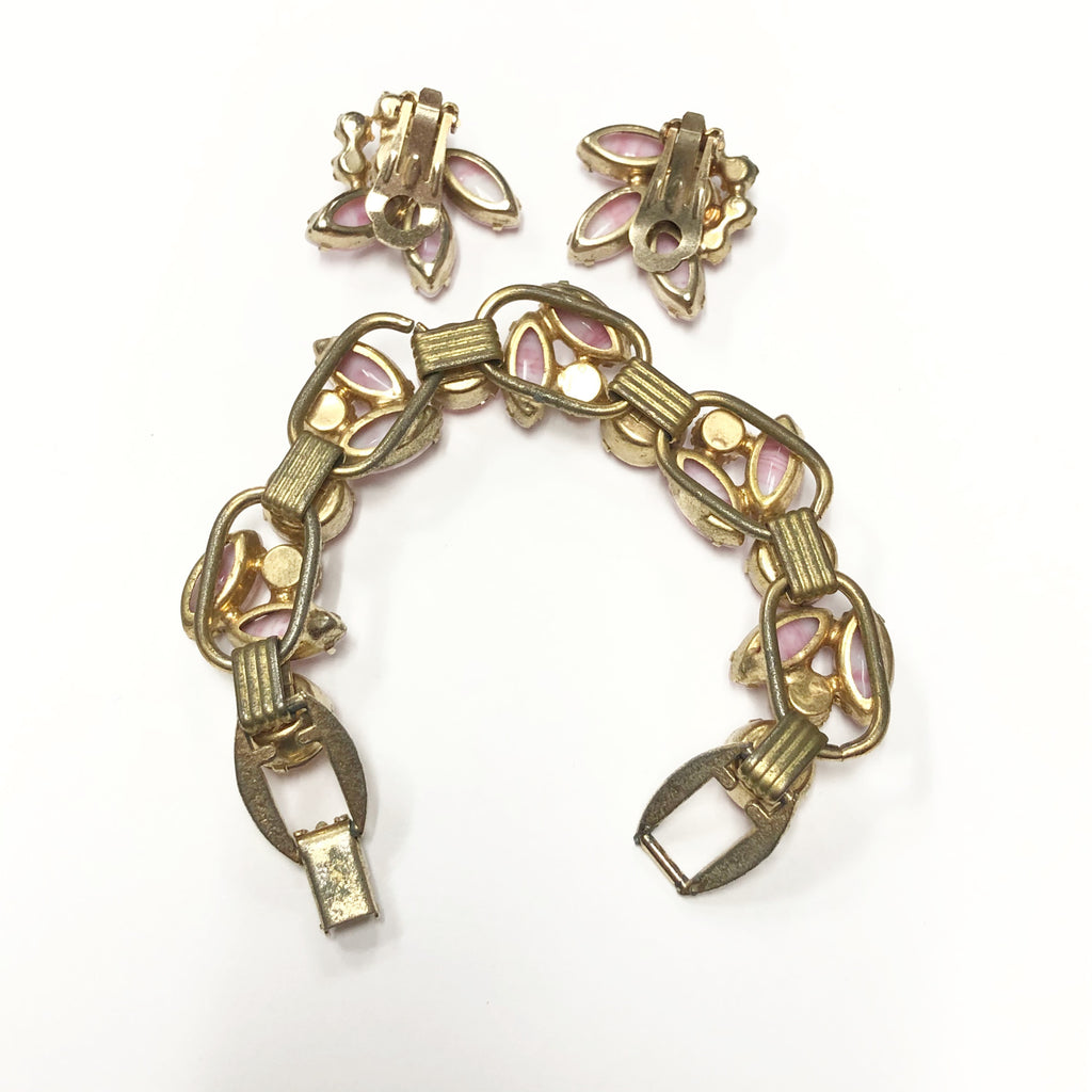 Vintage Juliana Pink Rhinestone & Marbled Glass Necklace & Earring Set
