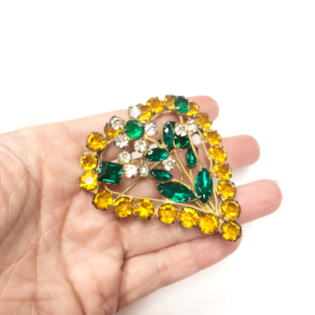 Vintage 3D Rhinestone Heart & Flower Brooch