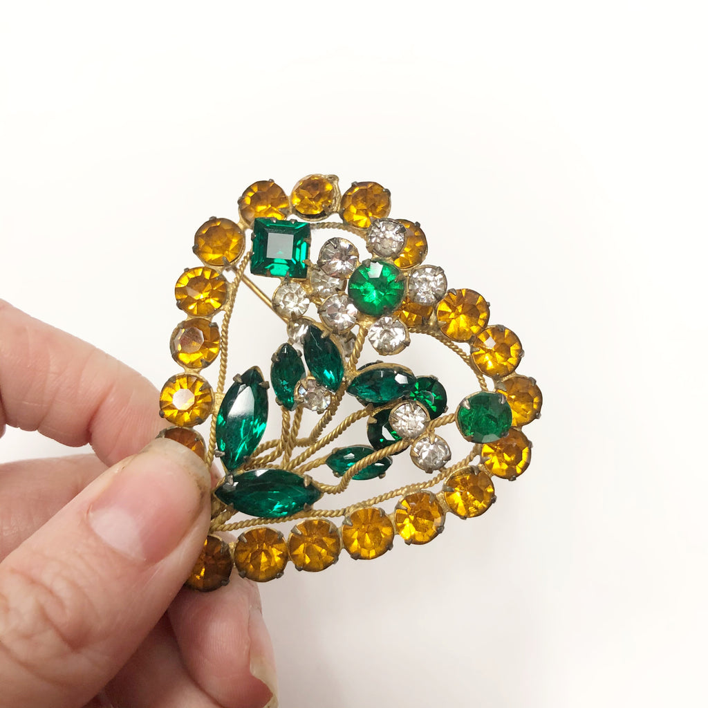 Vintage 3D Rhinestone Heart & Flower Brooch