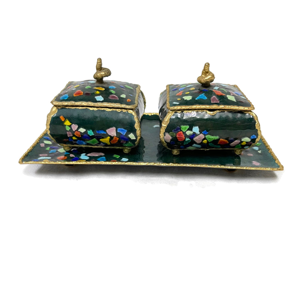 Vintage Enameled Trinket Boxes & Tray Set