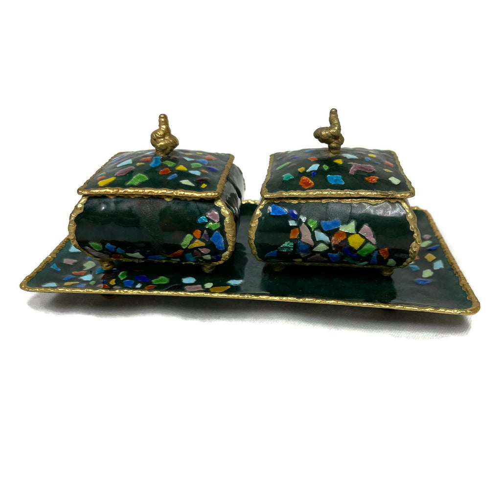 Vintage Enameled Trinket Boxes & Tray Set