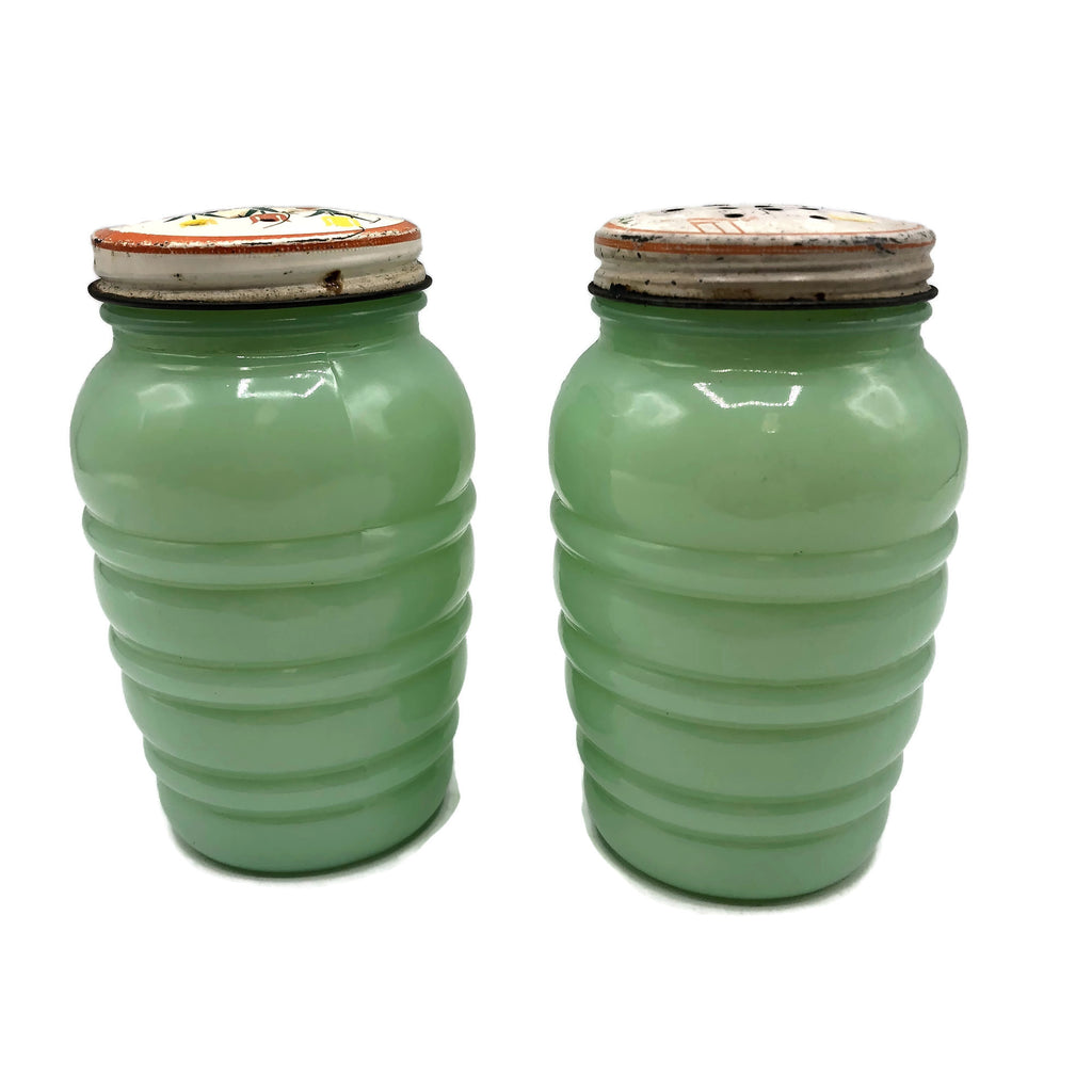 Vintage Pair of Fireking Jadite Tulip Lid Salt & Pepper Shakers
