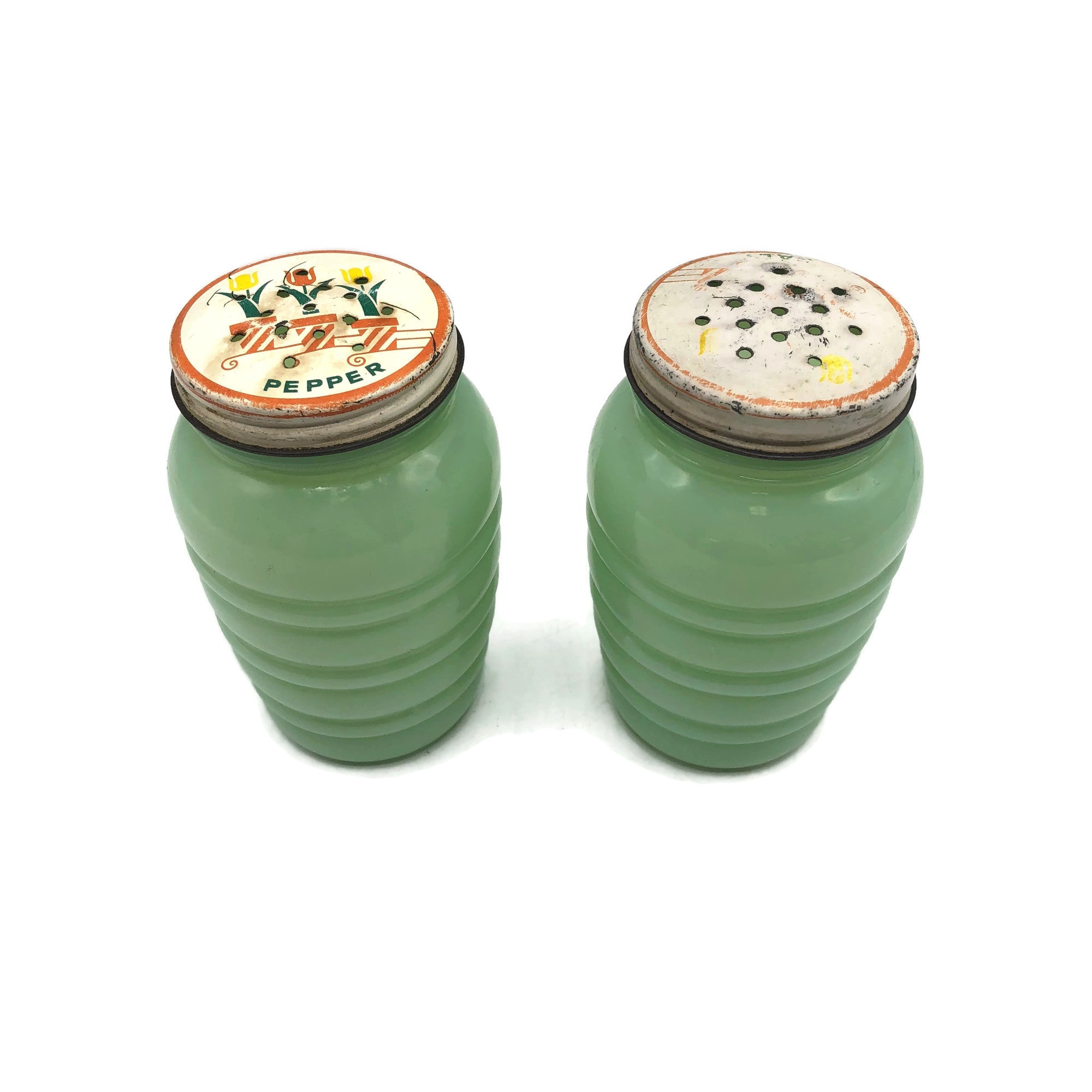Vintage Pair of Fireking Jadite Tulip Lid Salt & Pepper Shakers