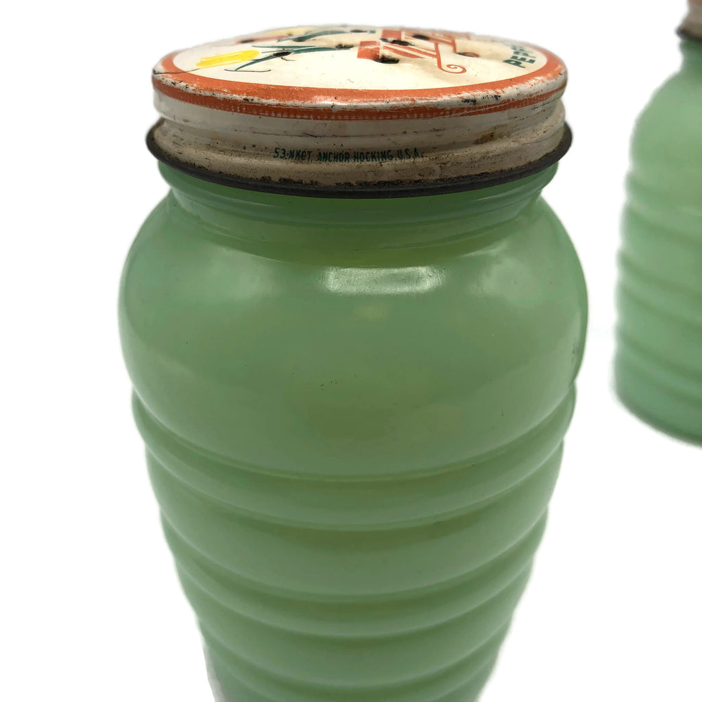 Vintage Pair of Fireking Jadite Tulip Lid Salt & Pepper Shakers