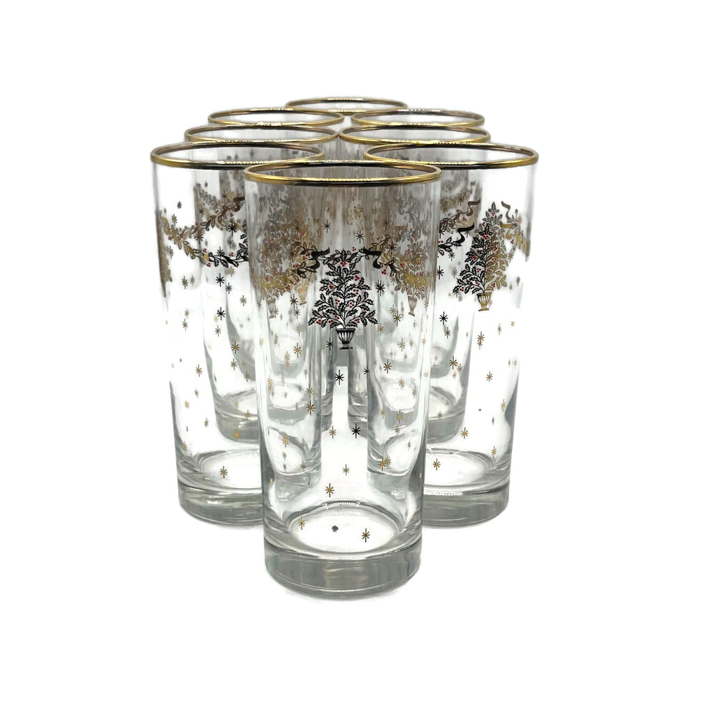 Vintage Mid Century Modern Set Of 8 Christmas High Ball Glasses