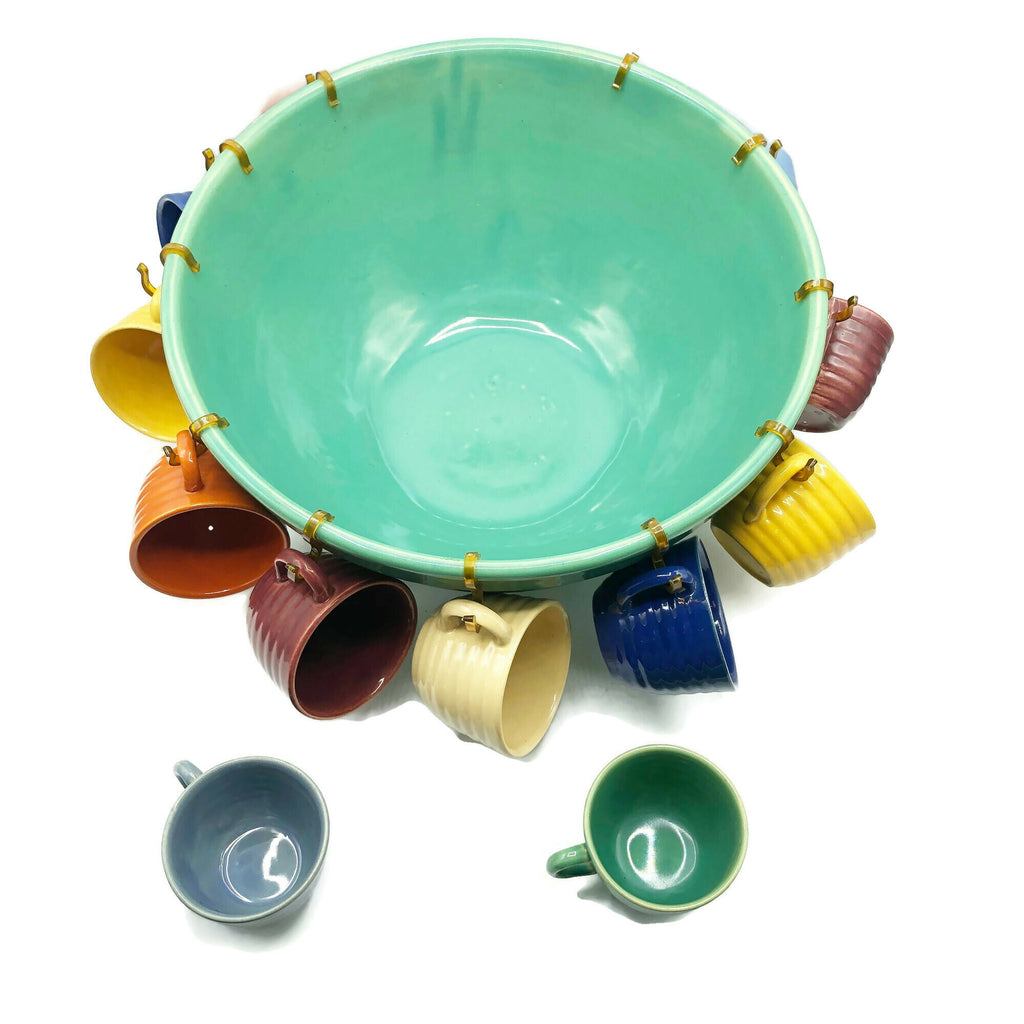 Vintage 14” Bauer Footed 1930’s Punch Bowl W/ 12 Cups