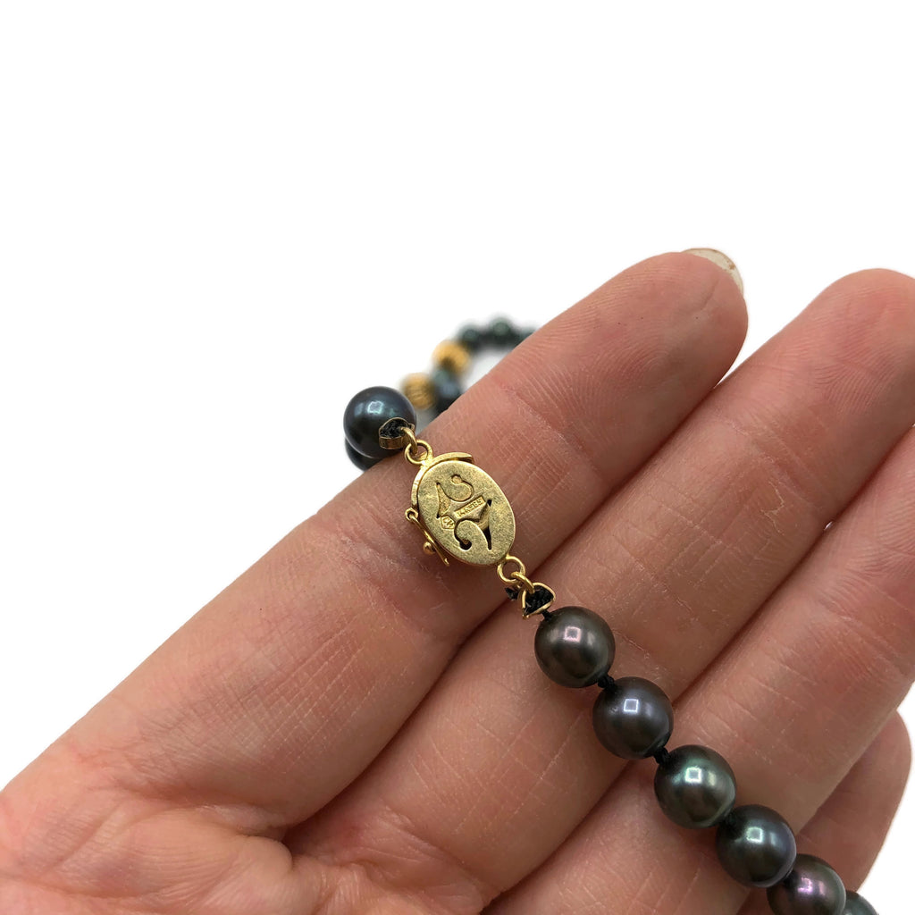 Vintage Dark Gray Cultured Pearl Necklace W/ 14K Gold Clasp & Beads