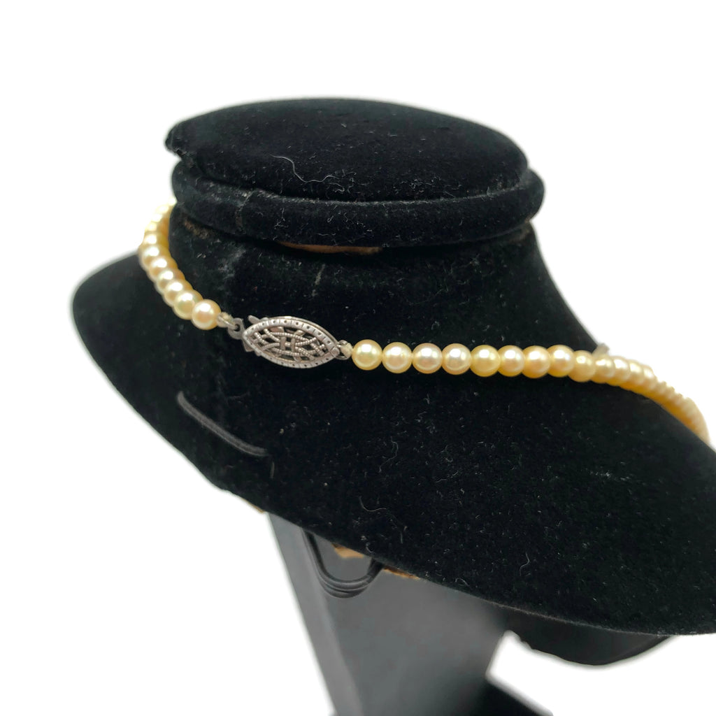 Vintage Light Yellow Cultured Pearl Necklace W/ Sterling Clasp