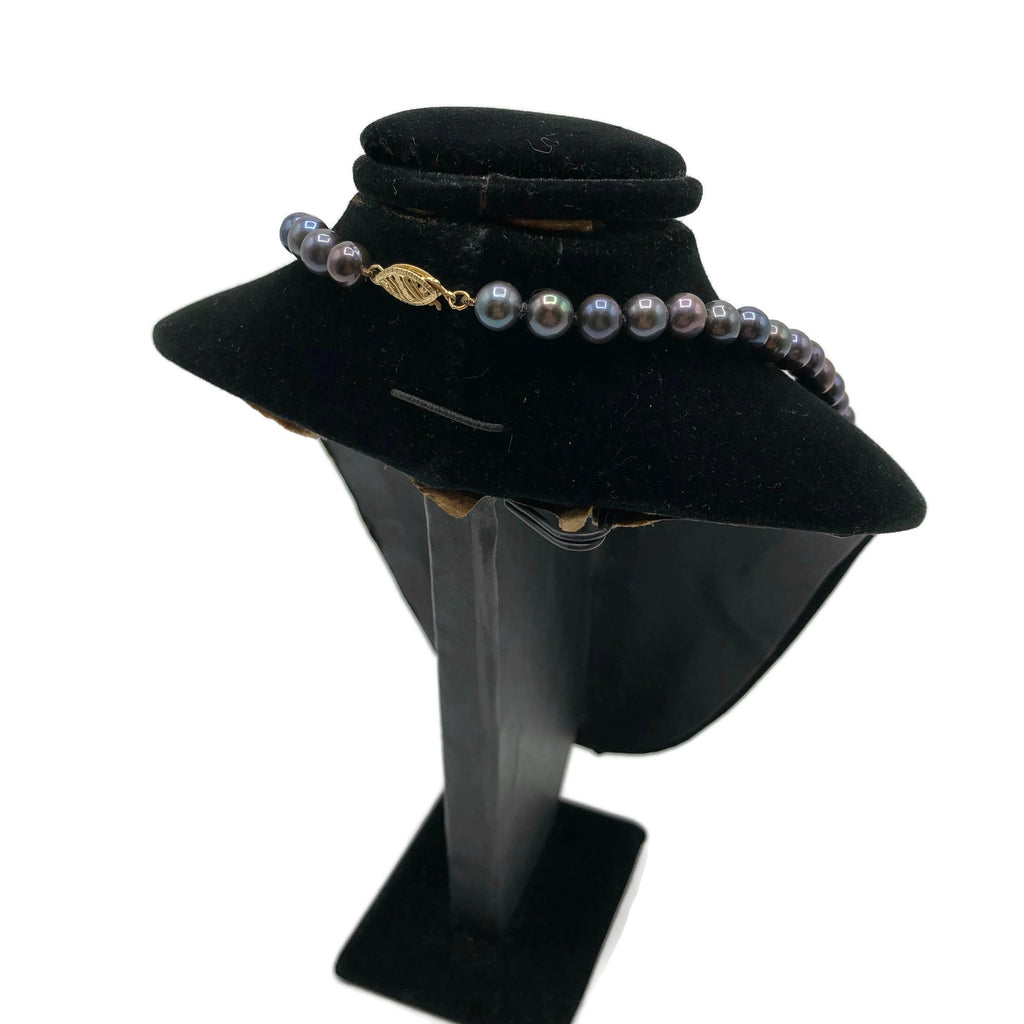 Vintage Dark Gray Purple Cultured Pearl Necklace W/ 14K Clasp