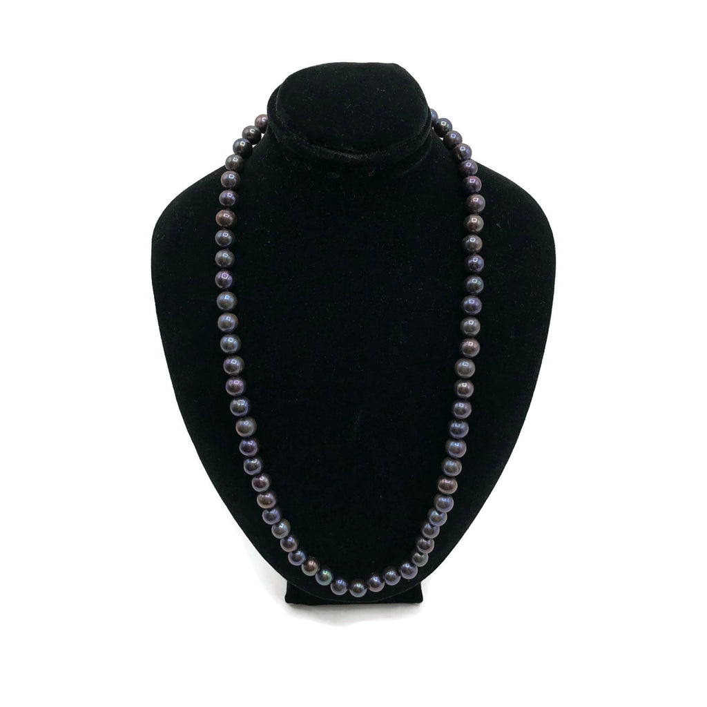 Vintage Dark Gray Purple Cultured Pearl Necklace W/ 14K Clasp