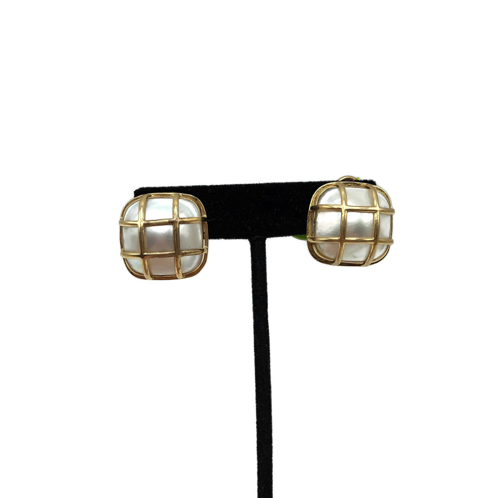 Vintage 14K Gold Caged Mave Pearl Earrings