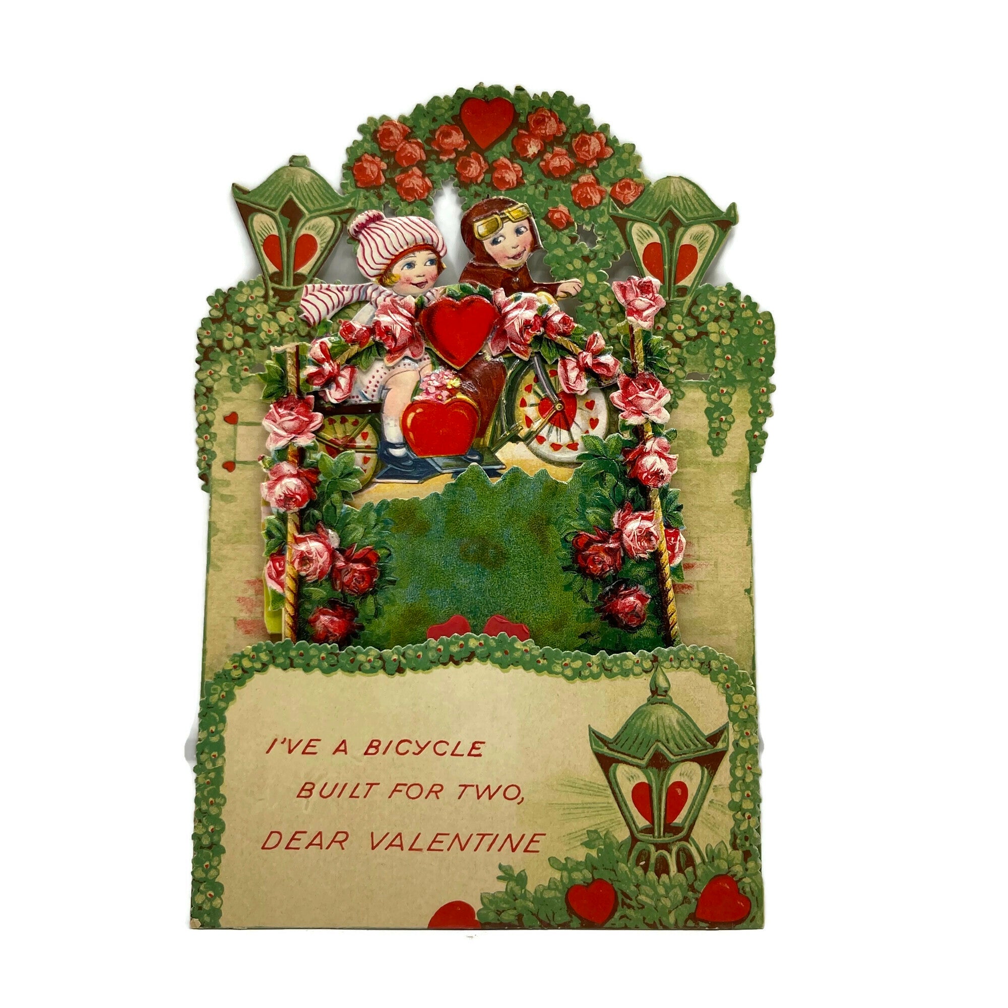 Rare Antique Dye Cut Motorcycle Valentines Day Fold Out Card