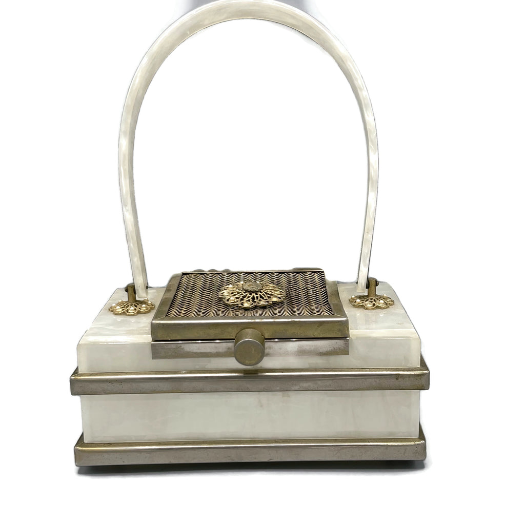 Vintage 1940’s White Marbleized Lucite Metal Accent Purse
