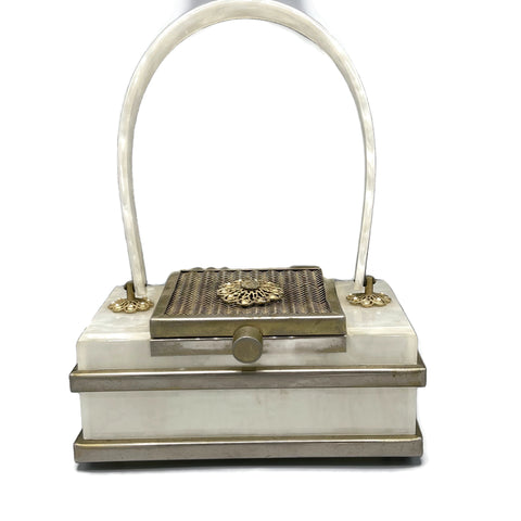 Vintage 1940’s White Marbleized Lucite Metal Accent Purse