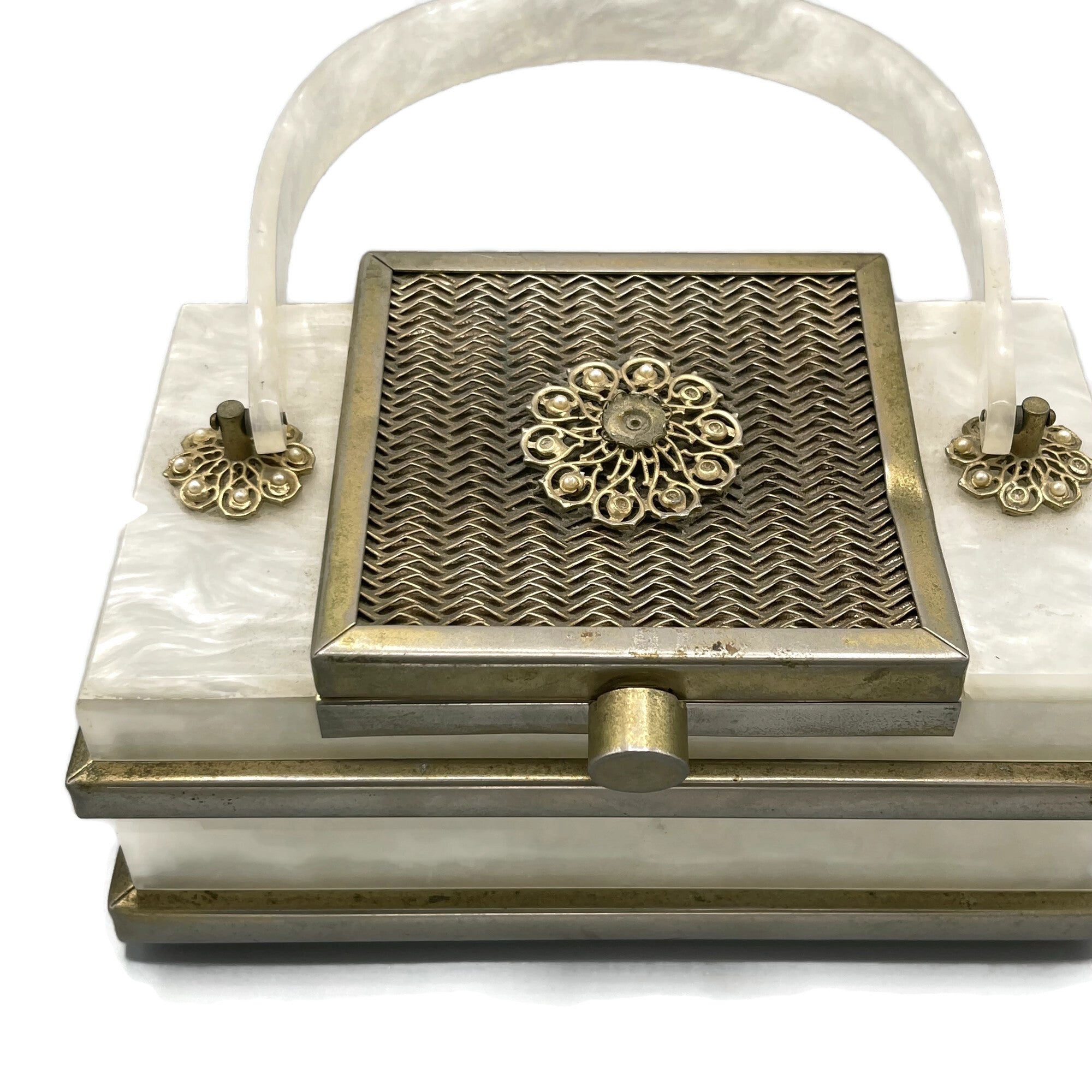 Vintage 1940’s White Marbleized Lucite Metal Accent Purse