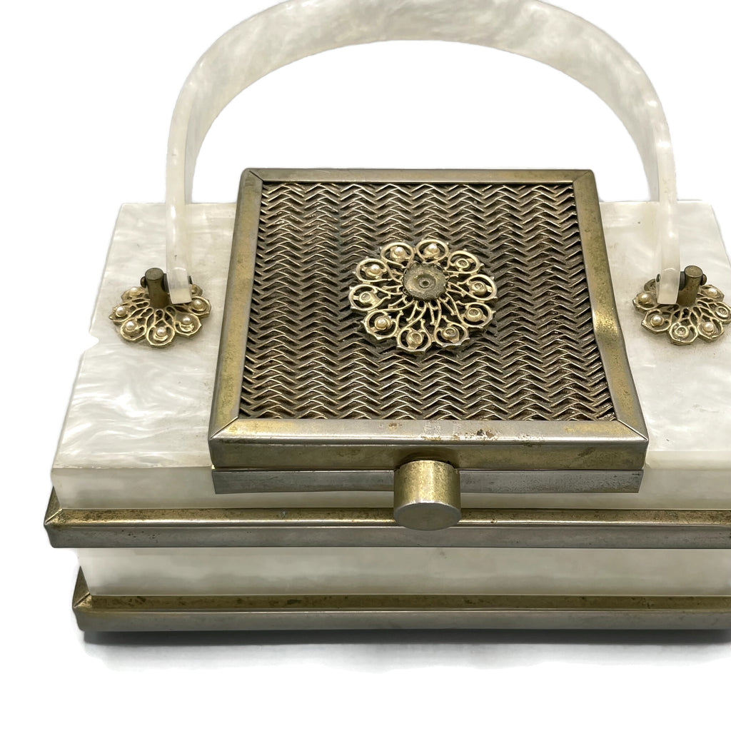 Vintage 1940’s White Marbleized Lucite Metal Accent Purse