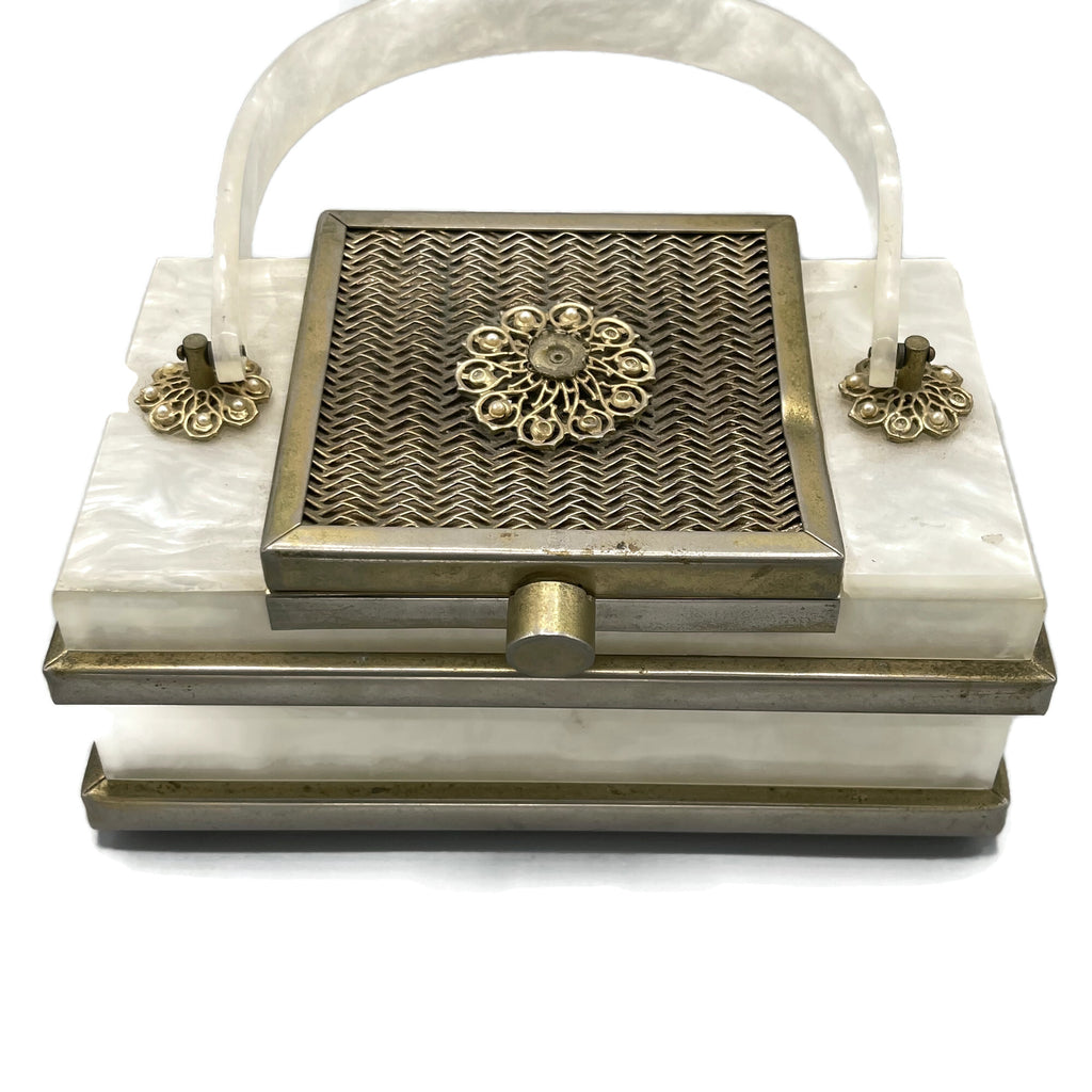 Vintage 1940’s White Marbleized Lucite Metal Accent Purse