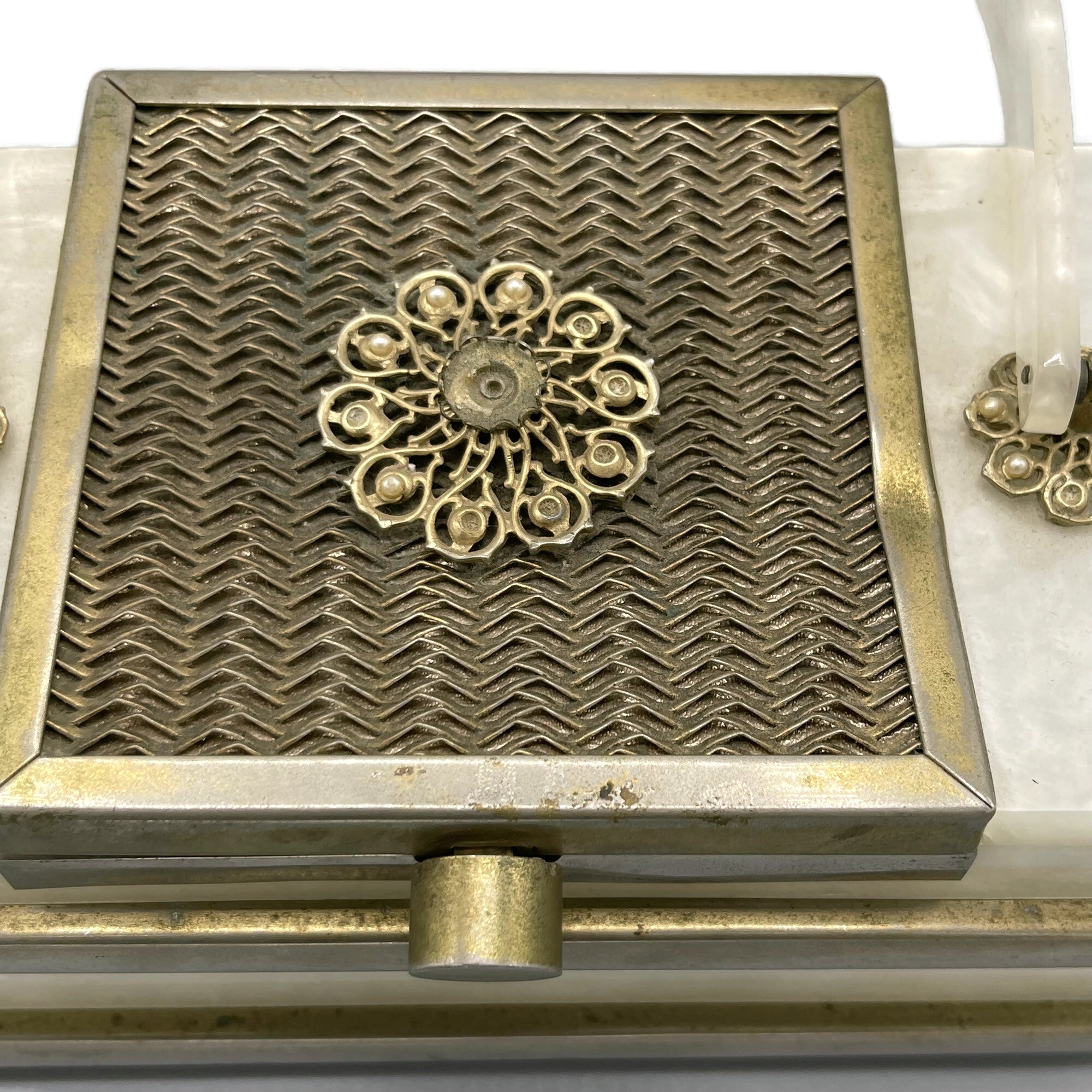 Vintage 1940’s White Marbleized Lucite Metal Accent Purse