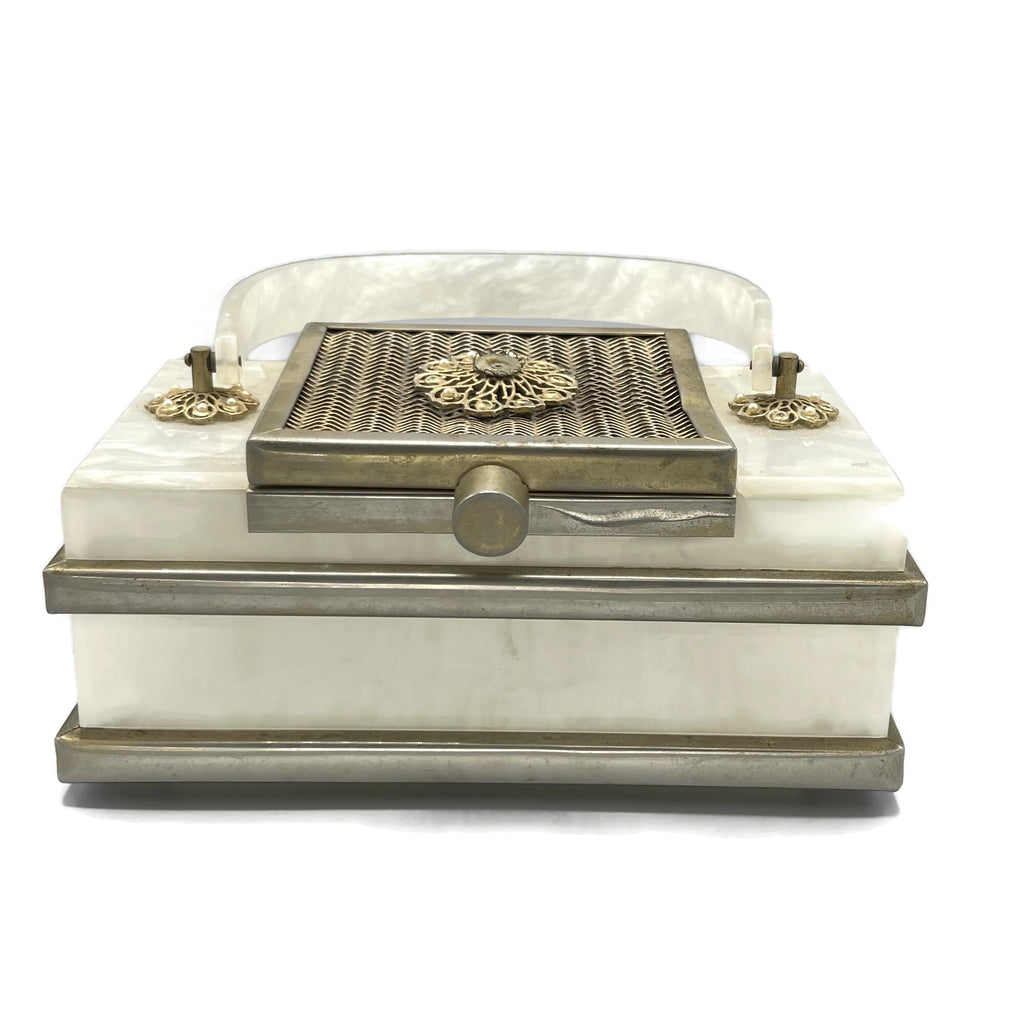 Vintage 1940’s White Marbleized Lucite Metal Accent Purse