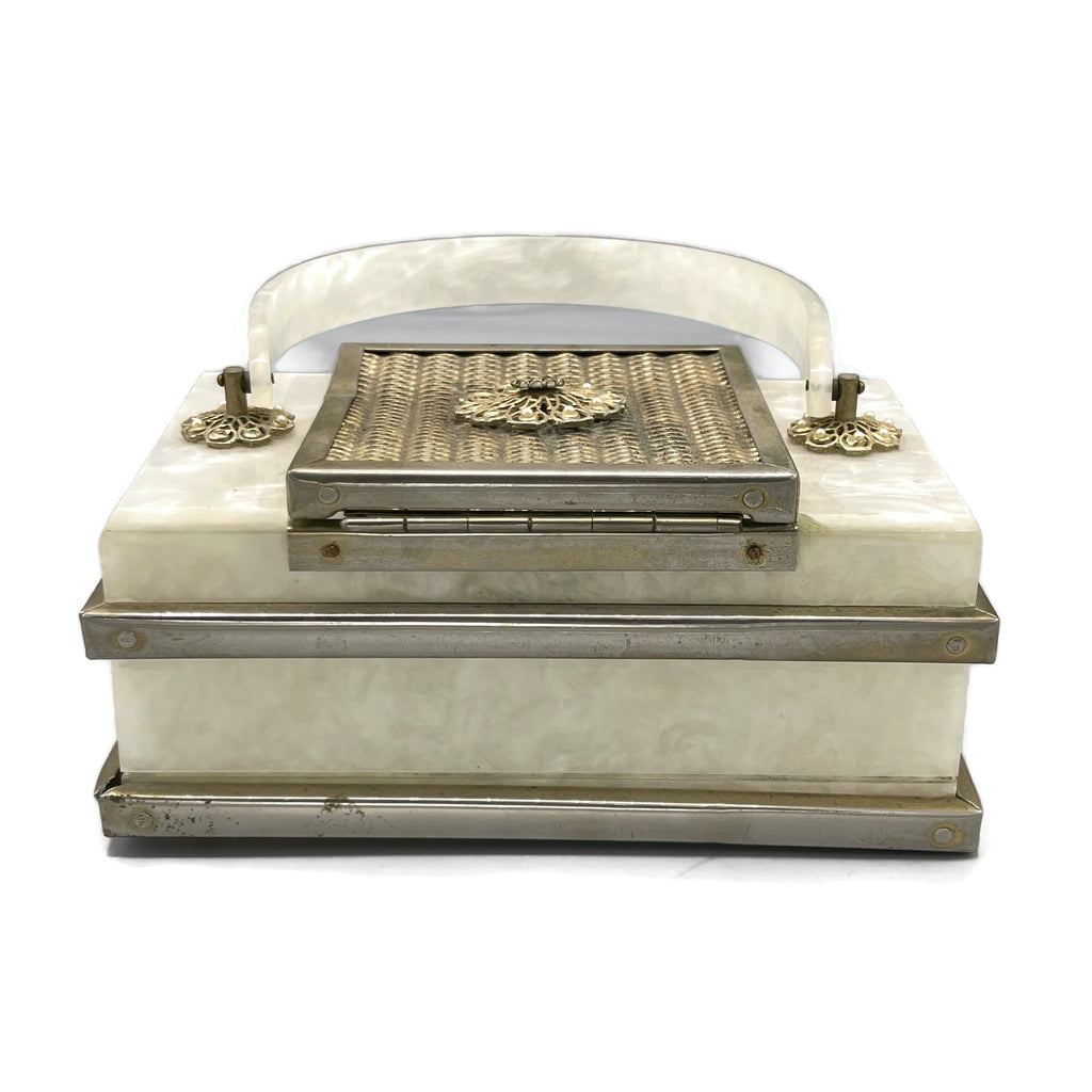 Vintage 1940’s White Marbleized Lucite Metal Accent Purse