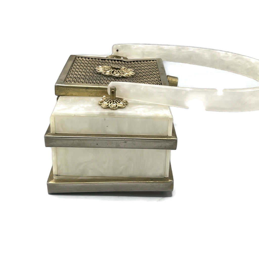 Vintage 1940’s White Marbleized Lucite Metal Accent Purse