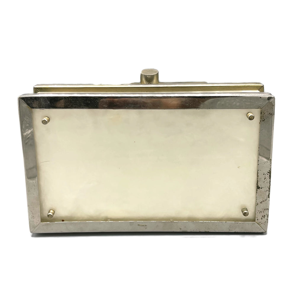 Vintage 1940’s White Marbleized Lucite Metal Accent Purse