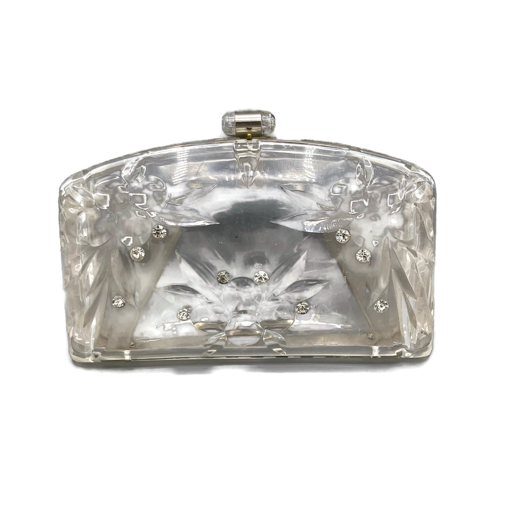 Vintage Clear Carved Lucite Rhinestone Clutch Purse