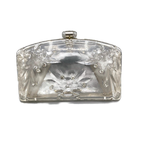 Vintage Clear Carved Lucite Rhinestone Clutch Purse