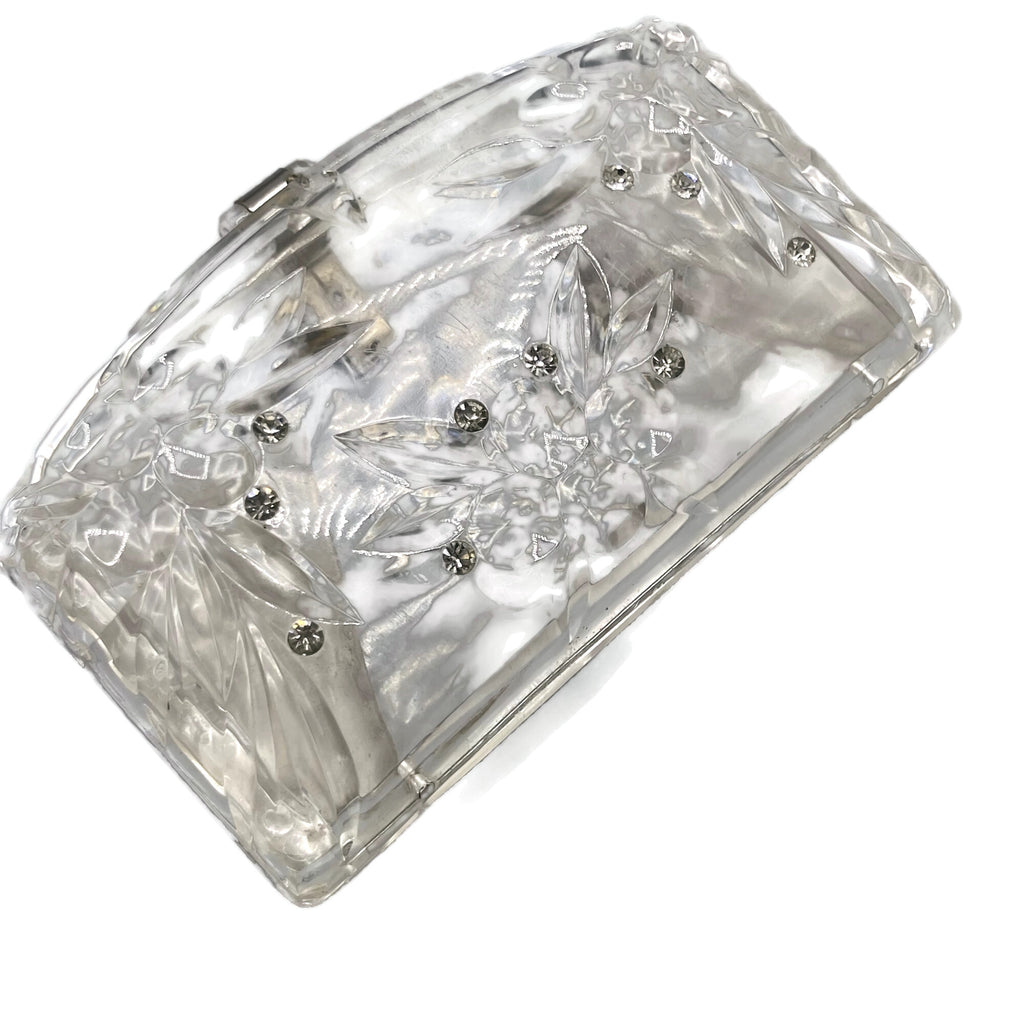 Vintage Clear Carved Lucite Rhinestone Clutch Purse