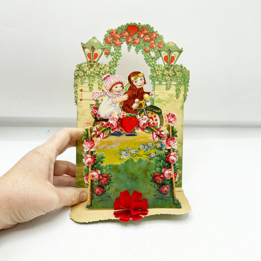 Rare Antique Dye Cut Motorcycle Valentines Day Fold Out Card