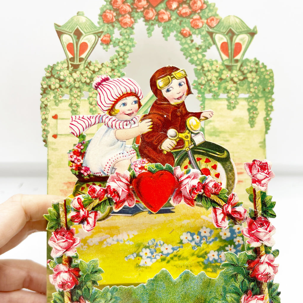 Rare Antique Dye Cut Motorcycle Valentines Day Fold Out Card