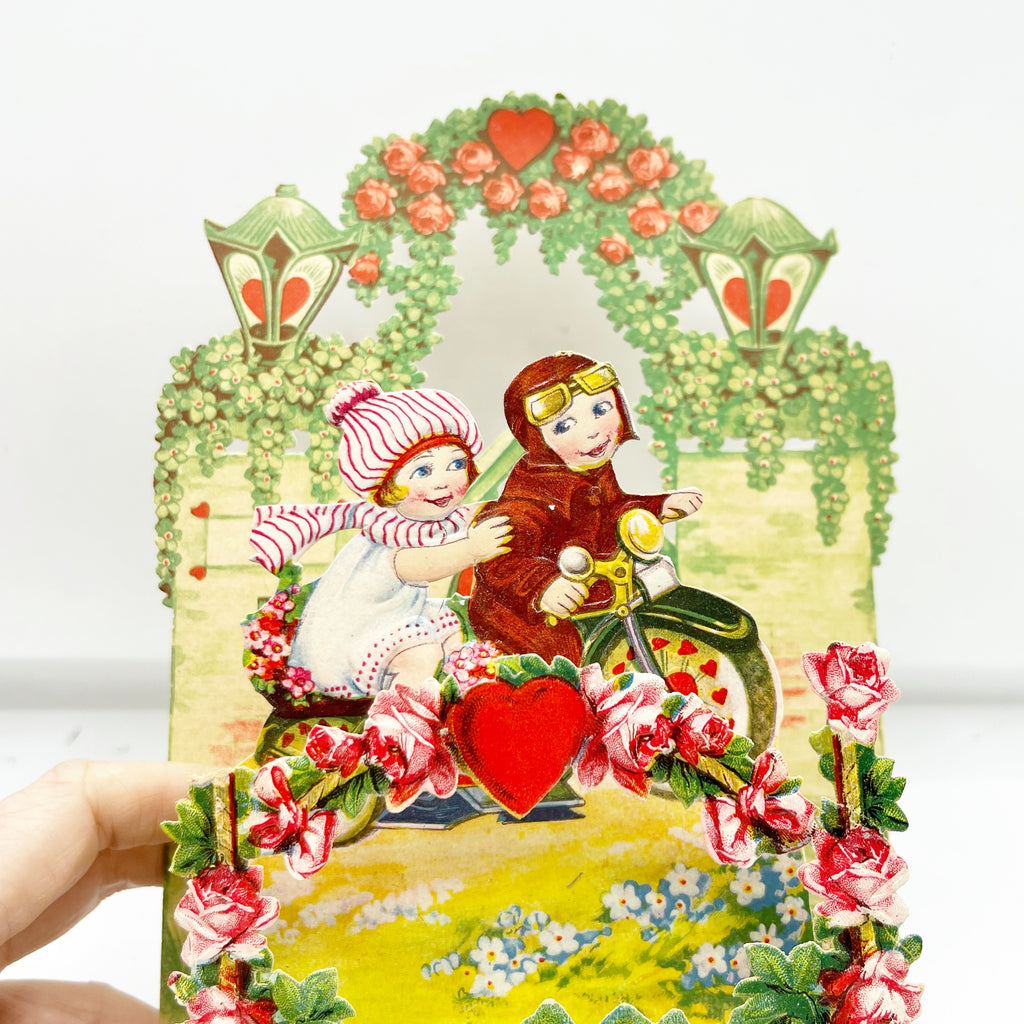 Rare Antique Dye Cut Motorcycle Valentines Day Fold Out Card
