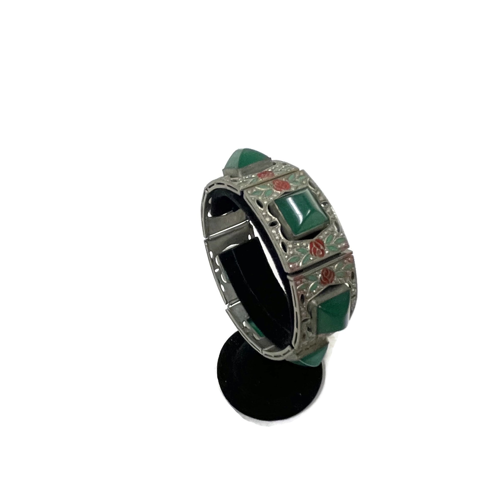 Antique Art Deco Jade Glass Enameled Floral Bracelet