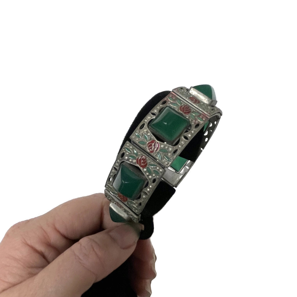 Antique Art Deco Jade Glass Enameled Floral Bracelet