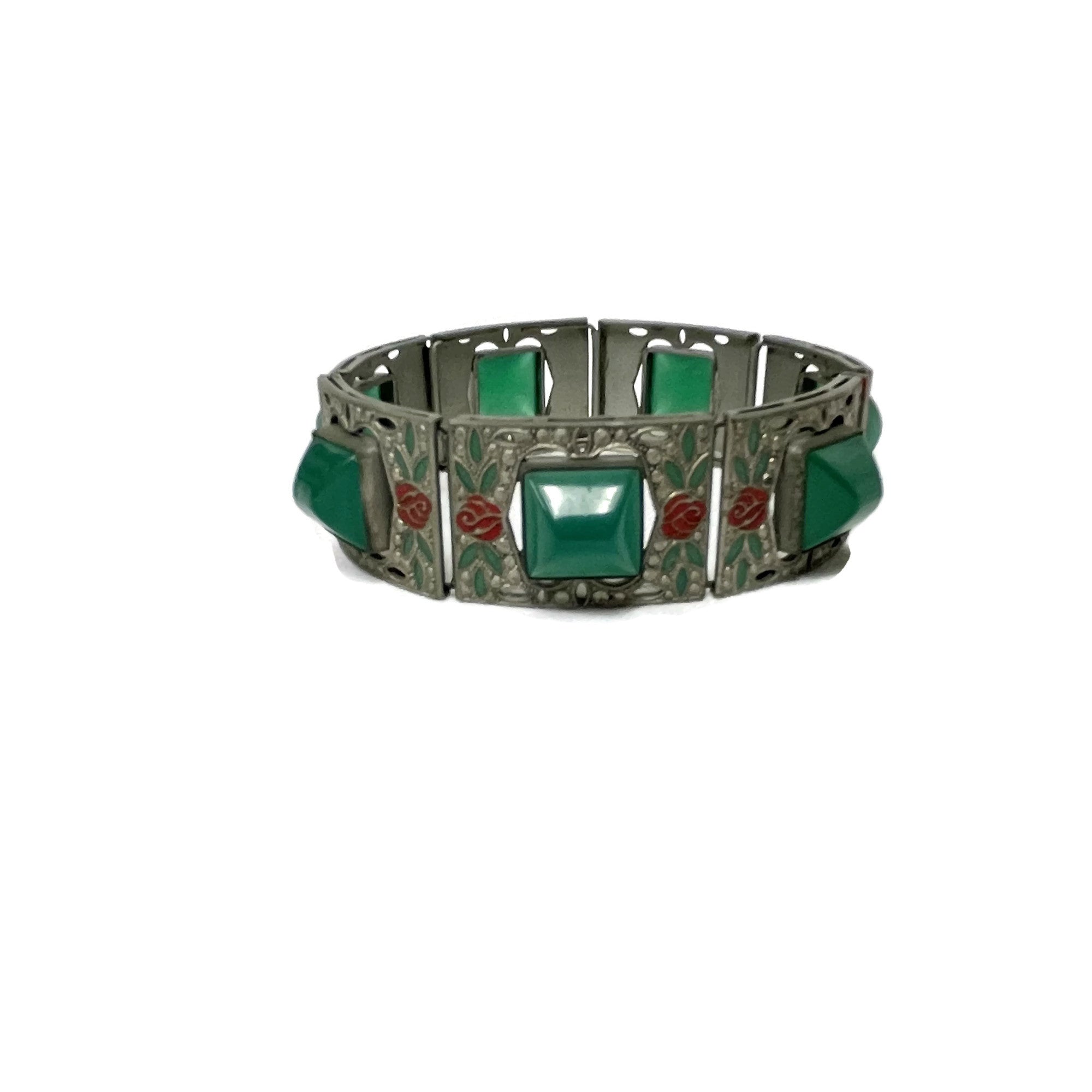 Antique Art Deco Jade Glass Enameled Floral Bracelet