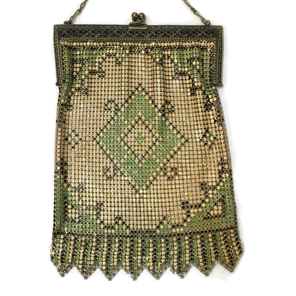 1920's Art Deco Yellow & Green Metal Mesh Purse