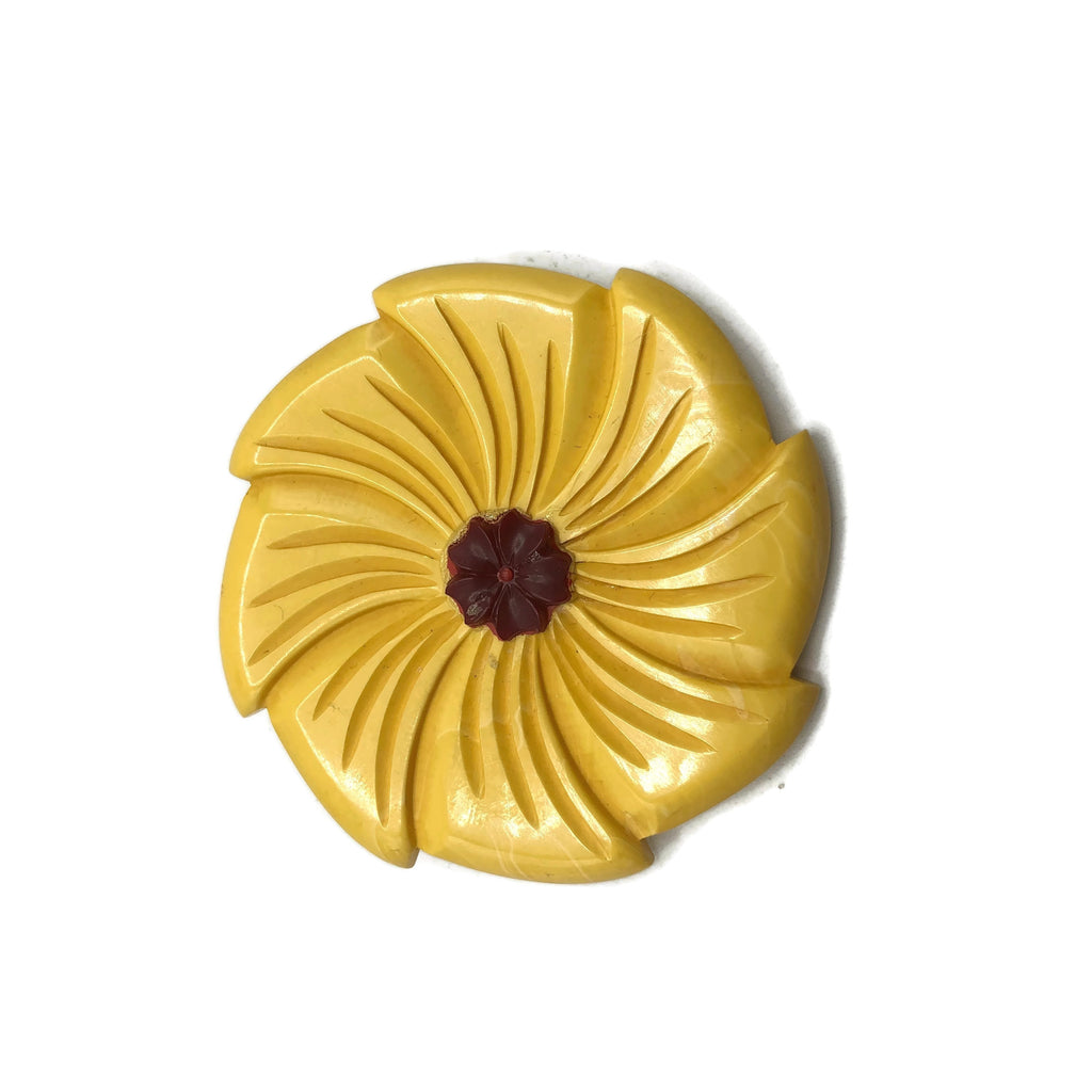 Carved 2 Tone Yellow & Red  Floral Bakelite Brooch