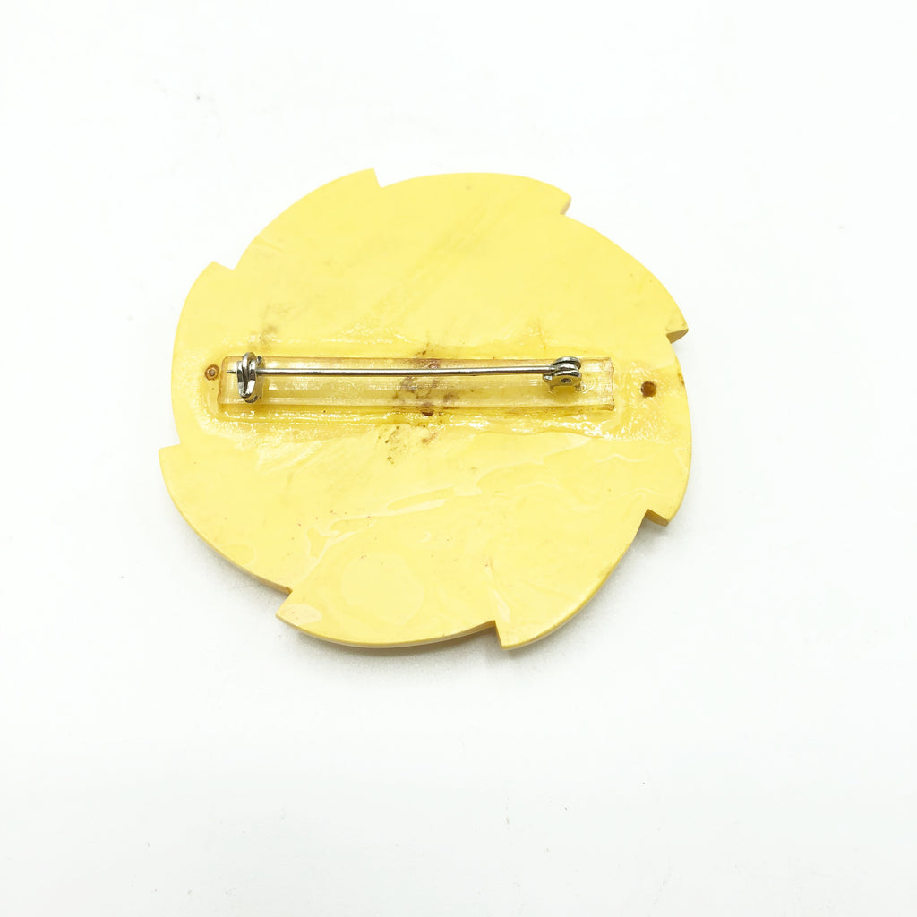 Carved 2 Tone Yellow & Red  Floral Bakelite Brooch