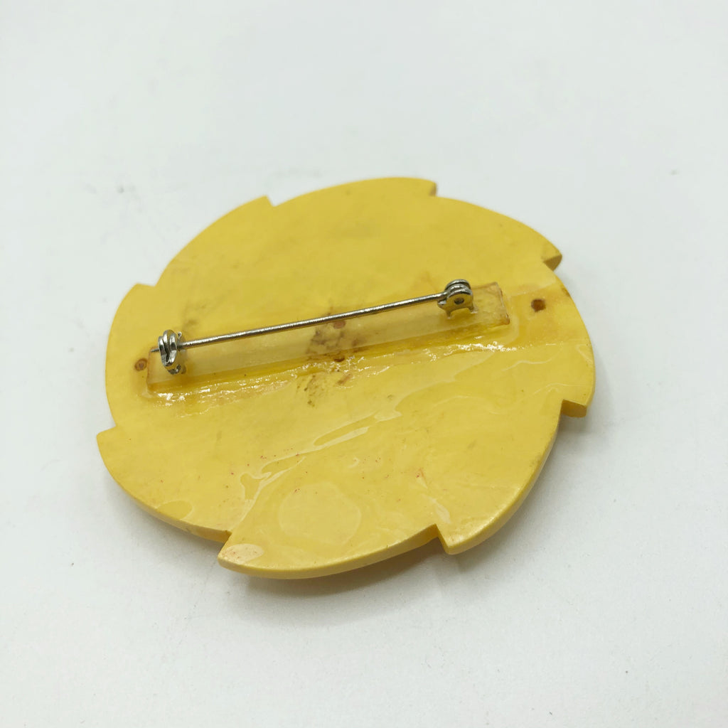 Carved 2 Tone Yellow & Red  Floral Bakelite Brooch
