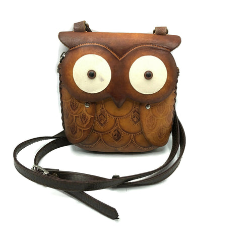 Vintage Tooled Owl Leather Crossbody Bag