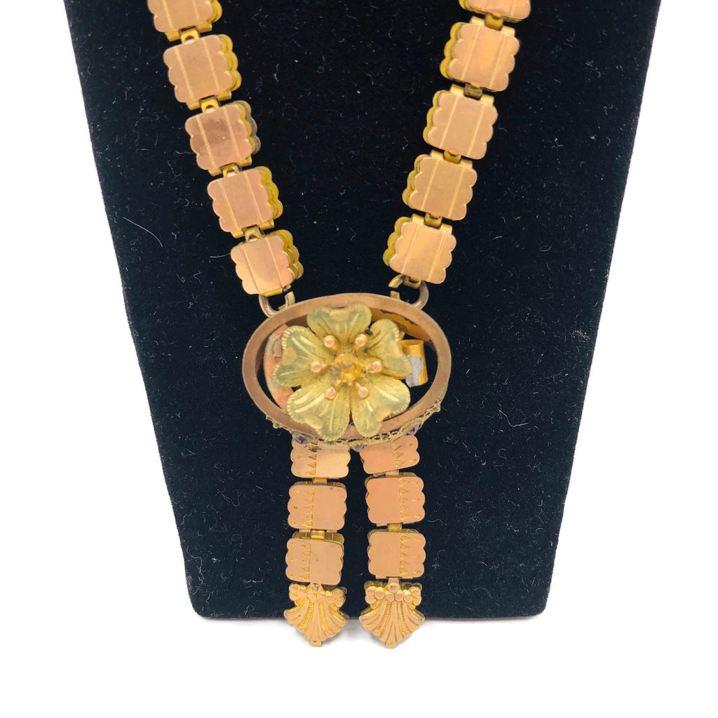 Victorian Book Chain Necklace with Gold Filled Links and a 14K Gold Flower Pendant